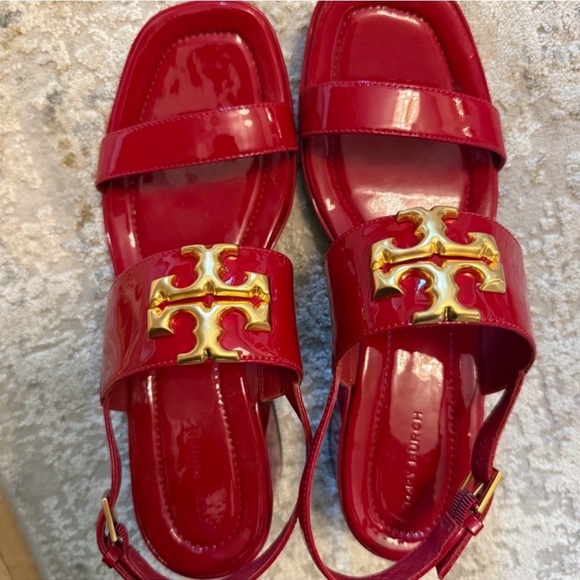 Tory Burch Glossy Red Sandals with Gold Emblem - Picture 4 of 6